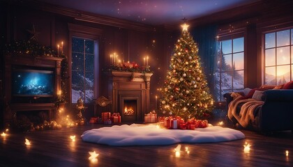 christmas tree with christmas lights highly intricately detailed photograph of Interior christmas. magic glowing tree, fireplace, gifts  