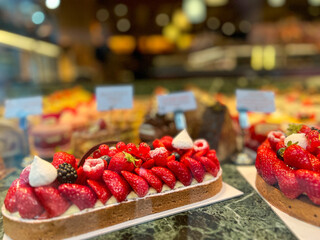 Delicious Sweet Desserts and Pastries on Display. Ooh La La! French yummy sweets and pastries on display at a bakery in Strasbourg, France.