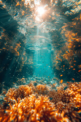 Obraz na płótnie Canvas A vertical underwater photo, showcasing marine life from top to bottom. Concept of underwater photography tailored for vertical composition. Generative Ai.