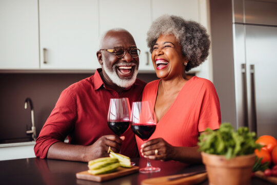 African married middle aged mature couple drinking wine in kitchen