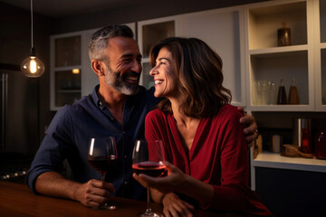 Hispanic married middle aged mature couple drinking wine in kitchen