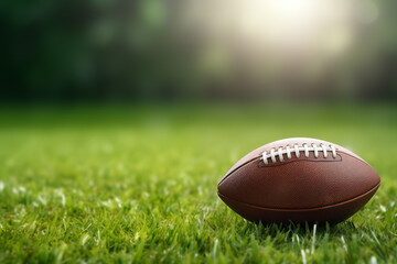 An American football ball on a green grass background. Generative AI.
