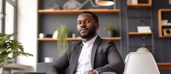 Fototapeta premium African-American CEO in a tailored suit contemplating his e-commerce startup from his office.