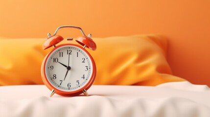 Closeup of an alarm clock on the bed with pillow and blanket, bed time or waking up concept with...