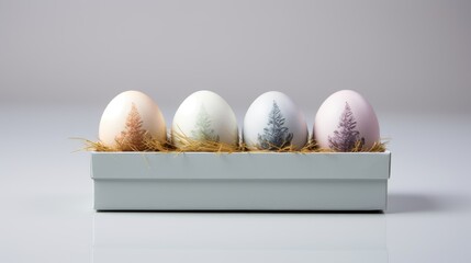 Colorful painted easter eggs in an eggbox on isolated pastel grey background