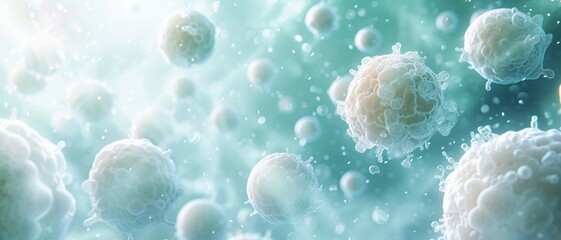 a background depicting white blood cells in action, symbolizing immune defense, with a palette of white, soft blues, and pale greens. clinical look. - obrazy, fototapety, plakaty