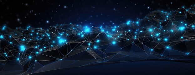 blue light lines of dots and dots on black background, in the style of low poly, geodesic structures