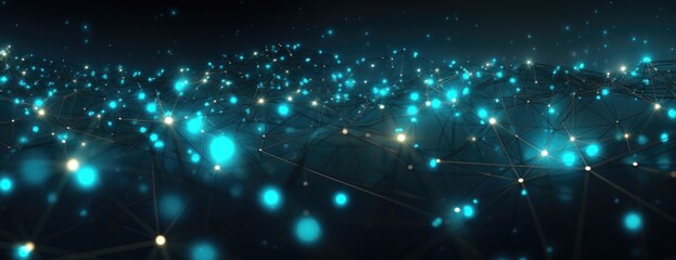 an electronic background of blue points, in the style of geodesic structures, light black and turquoise, social network analysis, delicate lines