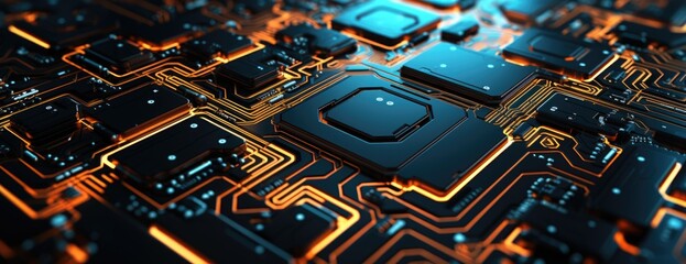 Wallpaper, abstract background, a pattern of electronic circuit lines in orange and blue, light cyan and dark black, dark cyan and yellow