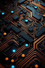 Wallpaper, abstract background, a pattern of electronic circuit lines in orange and blue, light cyan and dark black, dark cyan and yellow