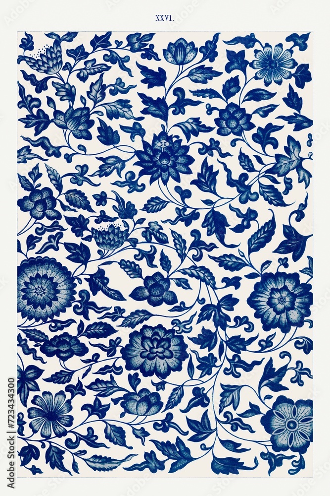 Poster AI generated illustration of a blue and white floral tile pattern