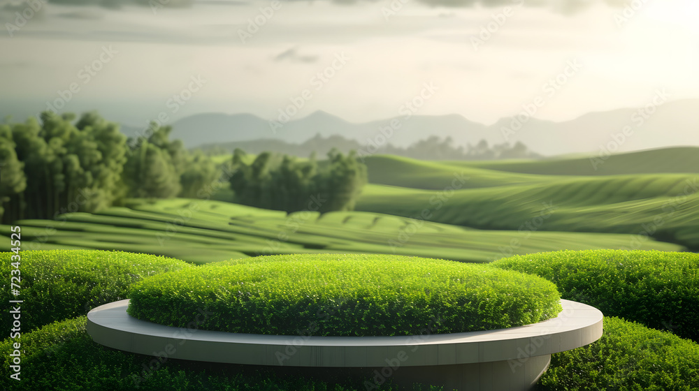 Wall mural Modern podium with green tea field background.