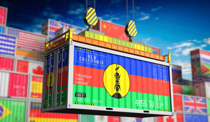 Freight shipping container with national flag of New Caledonia - 3D illustration - obrazy, fototapety, plakaty