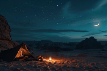 tents are illuminated from within casting a warm glow on the surrounding sand