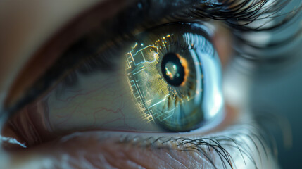 a close-up image of a human eye with a technology reflected in the iris, screens, or digits hologram, creating a sense of merging between the human and the digital