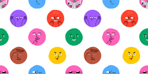 Funny happy face circle cartoon seamless pattern. Diverse mood reaction doodle background in hand drawn style. Fun children character texture print, friendly emotion sticker wallpaper.