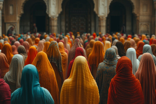 A spontaneous photograph of people of different religions coming together for a common cause. Concept of interfaith harmony and unity. Generative Ai.