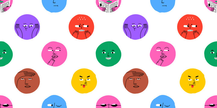 Funny happy face circle cartoon seamless pattern. Diverse mood reaction doodle background in hand drawn style. Fun children character texture print, friendly emotion sticker wallpaper.