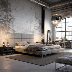 A bedroom embracing the beauty of monochromatic industrial design. Picture exposed brick walls, metal bed frames, and concrete flooring.