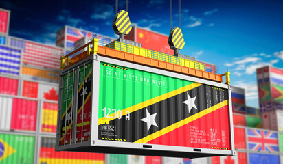 Freight shipping container with national flag of Saint Kitts and Nevis - 3D illustration - obrazy, fototapety, plakaty