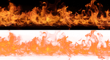 Fiery Abstract Background with Transparent Flames and Lava Flow, Vivid depiction of orange and red flames on a transparent background, simulating a lava flow