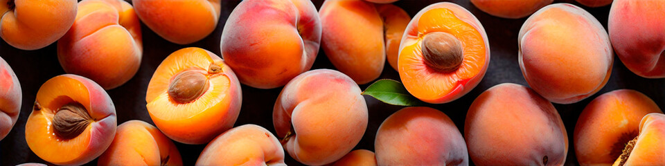 Panorama. Natural background with peaches. Panoramic view of fruits apricots