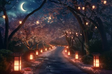 series of traditional square-shaped lanterns line both sides of the paved path emitting a warm glow