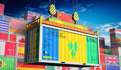 Freight shipping container with national flag of Saint Vincent and the Grenadines - 3D illustration - obrazy, fototapety, plakaty