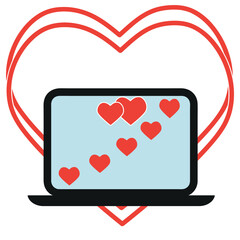 Valentine's day greeting card, heart symbol of love, heart icons on the laptop screen