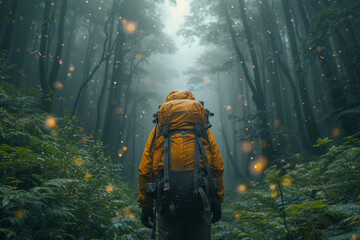 Fototapeta premium An AR-enhanced photo where a user is surrounded by a virtual forest, blending technology with nature. Concept of immersive nature experiences through AR. Generative Ai.