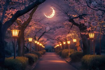 Cherry blossom trees with pink flowers are in full bloom creating an overhead canopy