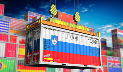 Freight shipping container with national flag of Slovenia - 3D illustration - obrazy, fototapety, plakaty