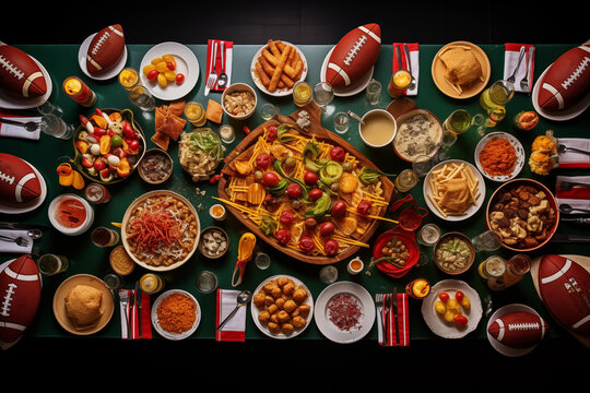 There is a table full of delicious snacks and beverages prepared for watching American football. Generative AI.