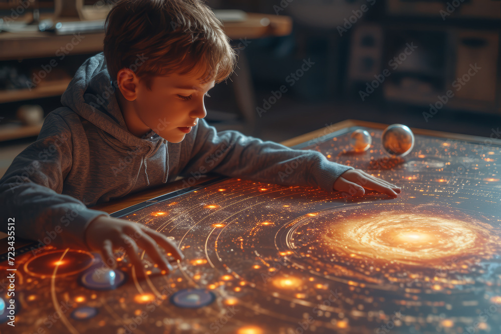 Poster an ar-enhanced image showing a user interacting with a virtual solar system, blending astronomy and 