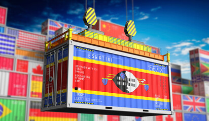 Freight shipping container with national flag of Eswatini - 3D illustration - obrazy, fototapety, plakaty
