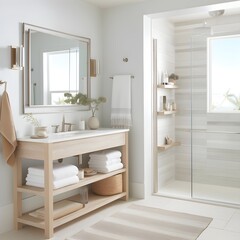 Fototapeta na wymiar A bathroom with coastal influences and a minimalist approach. Picture a clean and simple design with light colors
