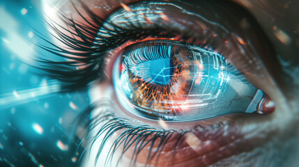 a close-up image of a human eye with a technology reflected in the iris, screens, or digits hologram, creating a sense of merging between the human and the digital