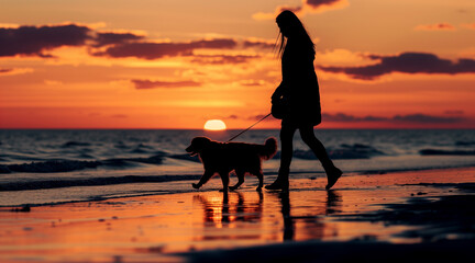 silhouette of a woman walking with her adorable dog on the beach shore. travel concept. vacations concept