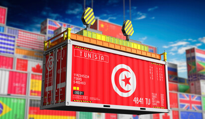 Freight shipping container with national flag of Tunisia - 3D illustration - obrazy, fototapety, plakaty
