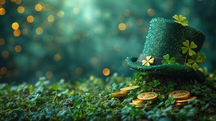 St. Patrick's Day leprechaun hat, gold coins and shamrocks on green background - obrazy, fototapety, plakaty