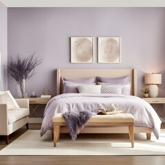 A bedroom designed to evoke a sense of calm with a soothing lavender color palette. Picture lavender walls, soft bedding, and plush carpeting.