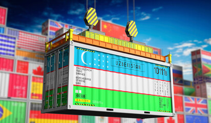 Fototapeta premium Freight shipping container with national flag of Uzbekistan - 3D illustration