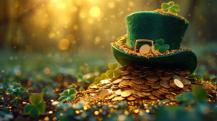 St. Patrick's Day leprechaun hat, gold coins and shamrocks on green background - Powered by Adobe