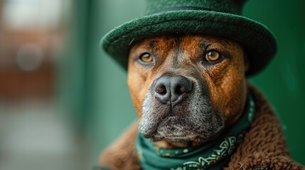Cute dog with with a green scarf around his neck on green background. St. Patrick's Day celebration - obrazy, fototapety, plakaty