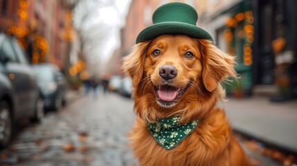 Cute dog with with a green scarf around his neck on green background. St. Patrick's Day celebration