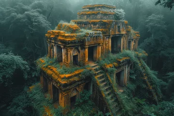 Papier Peint photo Vieil immeuble A drone capture of ancient ruins nestled in a remote jungle, showing the contrast between civilization and nature. Concept of historical remnants in natural settings. Generative Ai.