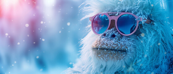 Portrait of a relaxed Yeti with sunglasses and a drink on a snowy blurry background. Abominable Snowman relaxing. Vacation, travel, party and relaxation concept. Space for text. - obrazy, fototapety, plakaty