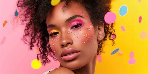 Young woman beauty blogger with a playful vibrant makeup look - obrazy, fototapety, plakaty