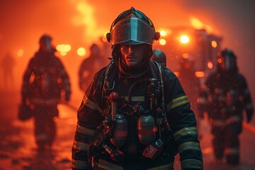 A brave firefighter in full protective gear stands in the midst of a raging fire, their helmet reflecting the intense flames as they work to save lives and protect the community