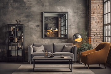 A stylish and modern urban living room in loft style. Featuring a grey sofa, metal coffee table, and an elegant armchair. The industrial aesthetic is highlighted by a concrete wall, large window, and 